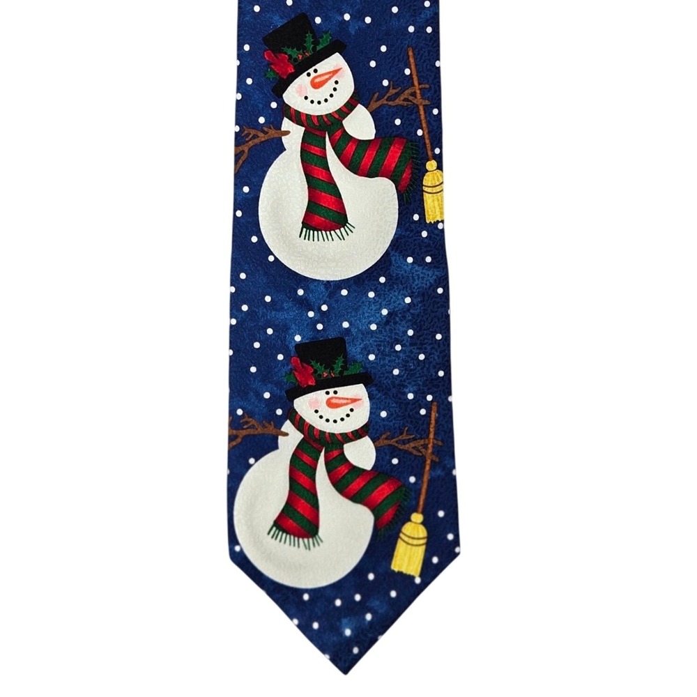 Ralph Marlin Mens OS Falling Snowman Silk Necktie Holiday Winter Navy Blue 1998
